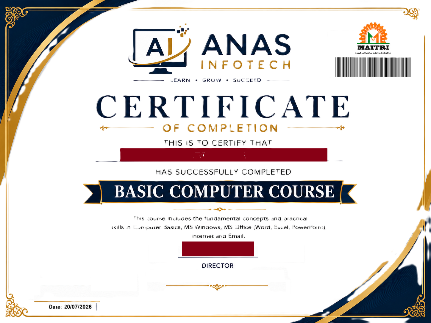 Sample Course Completion Certificate from Anas Infotech